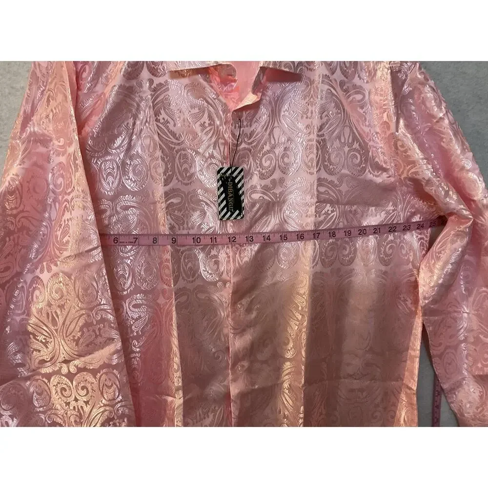 DiBanGu Shirt Mens XL Pink Paisley Jacquard Long Sleeve Party Dress Shirt - Picture 5 of 8
